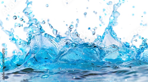 A high-speed capture of a water splash against a white background, showing detailed droplets and dynamic fluid motion.