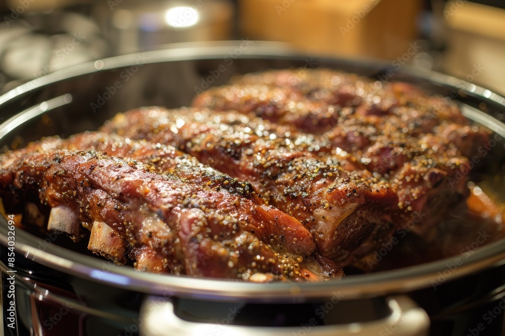 Close-up shot of cooked meat sizzling in a pan on a stove Close-up shot of cooked meat sizzling in a pan on a stove