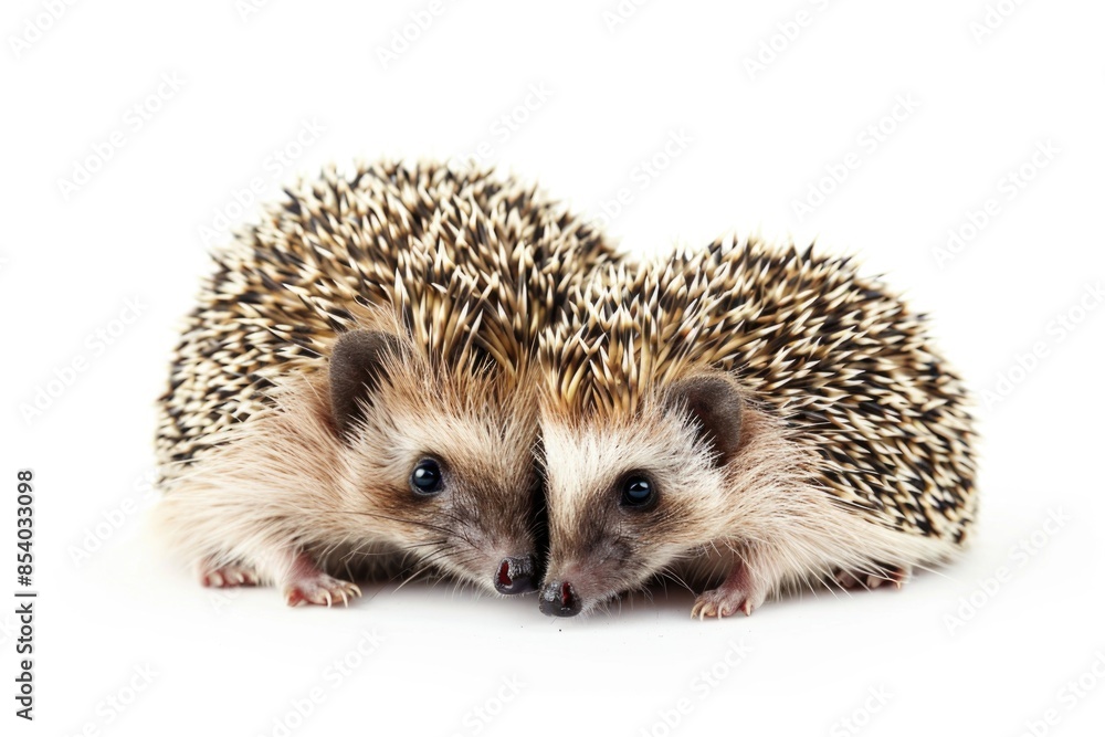 Two hedgehogs sit side by side, showing friendship and companionship Two hedgehogs sit side by side, showing friendship and companionship