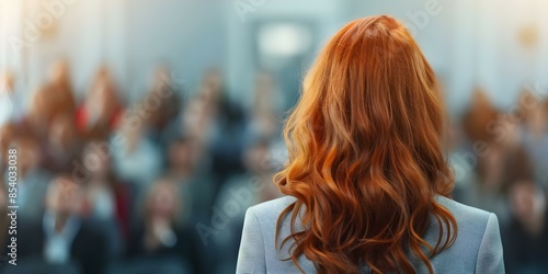 Empowering redheaded businesswoman delivering keynote address to diverse audience at conference. Concept Keynote Speech, Redheaded Businesswoman, Empowerment, Diverse Audience, Conference