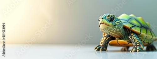  A tight shot of a small toy turtle against a clean, white background Background mildly blurred