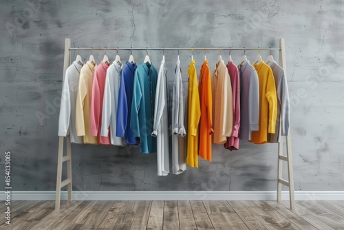 A rack of colorful shirts hanging on a wall © Fotograf