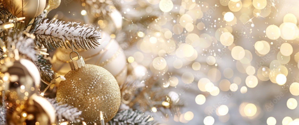 Close-up of gold Christmas ornaments hanging on a snow-dusted tree, surrounded by warm bokeh lights, creating a festive and elegant holiday ambiance Close-up of gold Christmas ornaments hanging on a snow-dusted tree, surrounded by warm bokeh lights, creating a festive and elegant holiday ambiance