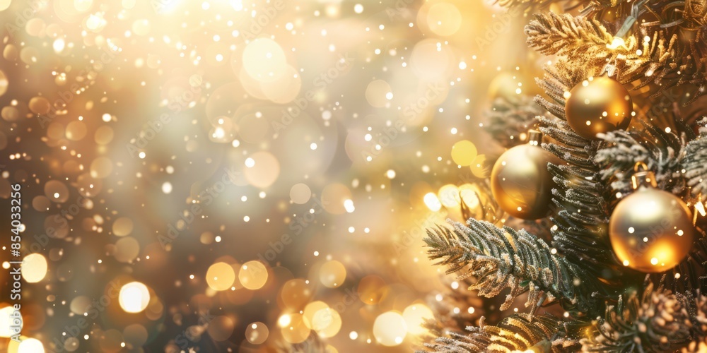 Close-up of golden Christmas ornaments hanging on a frosty tree, illuminated by warm bokeh lights, creating a festive and elegant holiday ambiance Close-up of golden Christmas ornaments hanging on a frosty tree, illuminated by warm bokeh lights, creating a festive and elegant holiday ambiance