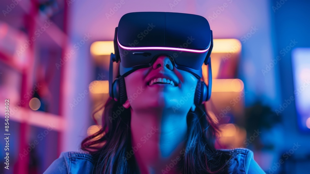Young woman smiling while wearing a VR headset and headphones, immersed in a virtual reality experience. Neon and colorful lights create an exciting and futuristic ambiance Young woman smiling while wearing a VR headset and headphones, immersed in a virtual reality experience. Neon and colorful lights create an exciting and futuristic ambiance