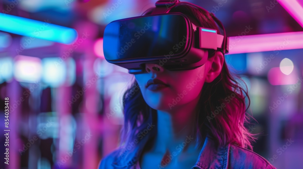 Young woman wearing a VR headset, exploring a virtual world in a vibrant, neon-lit room. The bright, colorful lights create a futuristic atmosphere Young woman wearing a VR headset, exploring a virtual world in a vibrant, neon-lit room. The bright, colorful lights create a futuristic atmosphere
