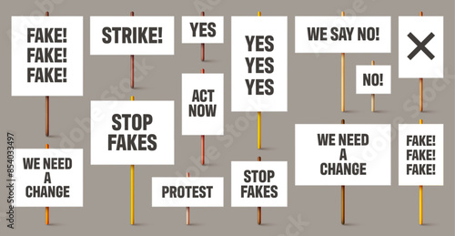 Blank white protest signs with text slogans on wooden holder. Various realistic vector demonstration banners. Strike action cardboard placard mockup. Social advertisement. Vector illustration
