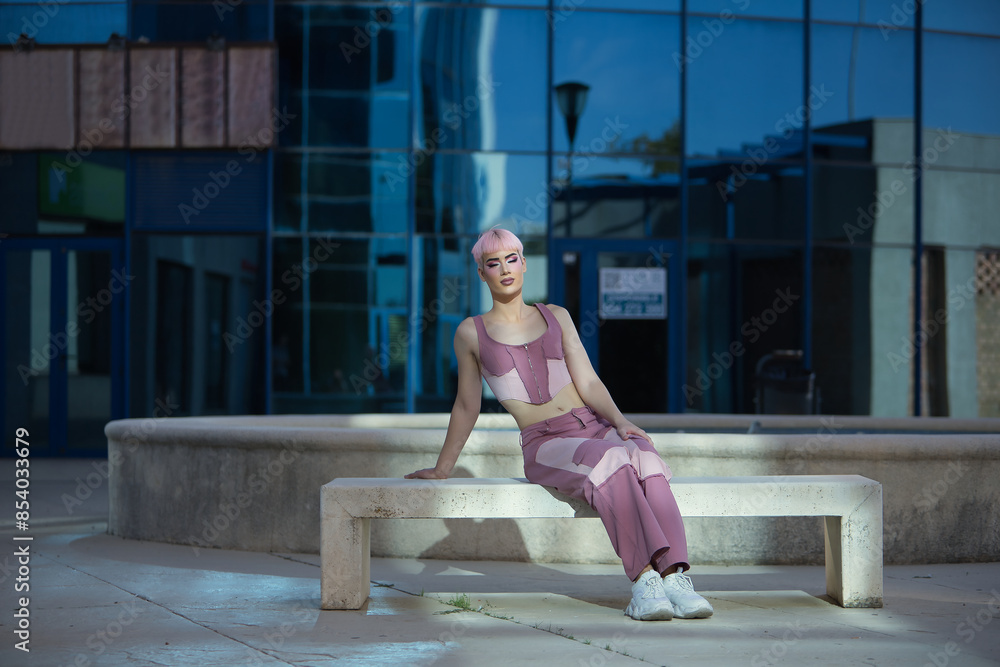 Fototapeta premium Young, attractive, gay man, heavily makeup, with pink hair, top and jeans, sitting on a stone bench, eyes closed, getting sun rays. Concept lgtbiq+, gay, pride, makeup, fashion, trend.