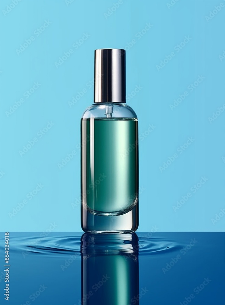 A bottle of fragrance is placed on a blue table surface A bottle of fragrance is placed on a blue table surface