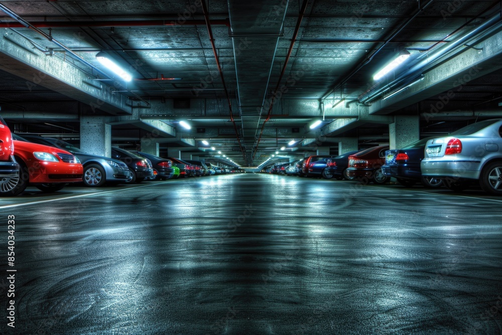 A crowded parking garage with many parked vehicles A crowded parking garage with many parked vehicles