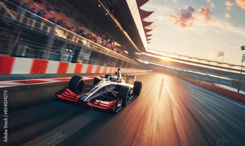 Formula F2 Racing Car on Track at Sunset. Grandstand with Crowd in Background, Captured with Motion Blur Effect and High-Speed Photography