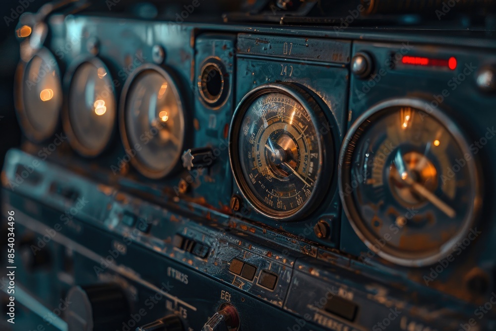 Fototapeta premium Close-up shot of an aircraft control panel with various instruments and controls