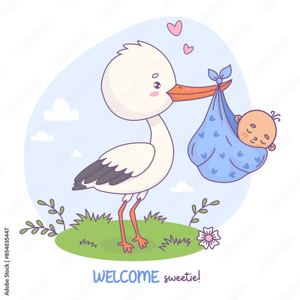 Cute stork standing in grass with gift newborn baby boy. Vector illustration. Funny Cartoon bird kawaii and infant. Cool childish card birthday. Kids collection Cute stork standing in grass with gift newborn baby boy. Vector illustration. Funny Cartoon bird kawaii and infant. Cool childish card birthday. Kids collection