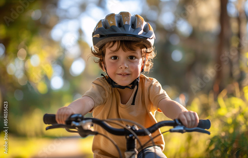 Young boy riding a bicycle with a helmet in a sunny park © SITI