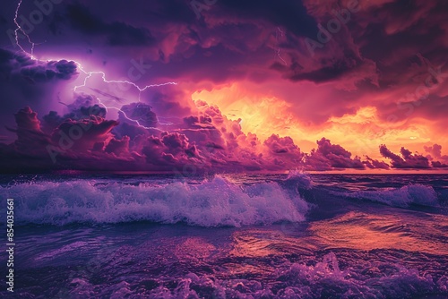 Dramatic sunset with vibrant colors and lightning over ocean waves. Abstract nature scene ideal for backgrounds and creative projects. Surreal atmosphere with striking visual impact. Generative AI