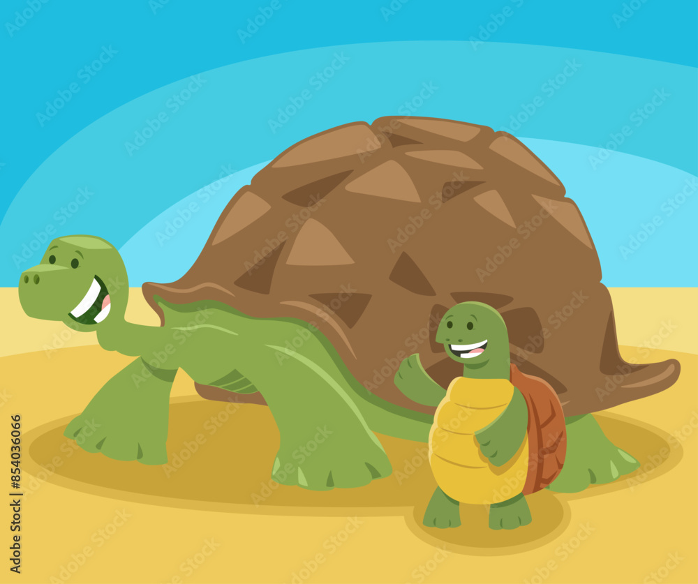 Obraz premium funny cartoon tortoise animal character with baby tortoise
