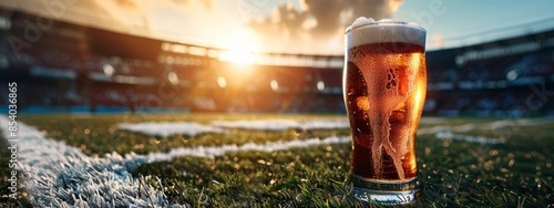 A tall glass of beer on a lush green grassy knoll, soccer field beneath, stadium in the backdrop photo
