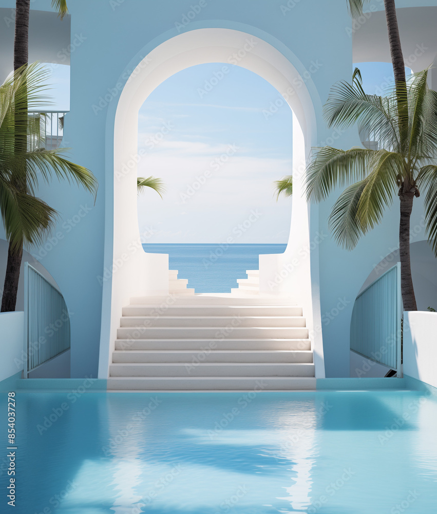 Swimming pool in hotel, blue walls and white stairs in luxory hotel with palms. Summer concept. Swimming pool in hotel, blue walls and white stairs in luxory hotel with palms. Summer concept.