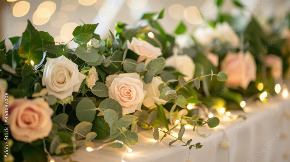 A close-up of a wedding table centerpiece with white and blush roses and eucalyptus greenery, accented with fairy lights. A close-up of a wedding table centerpiece with white and blush roses and eucalyptus greenery, accented with fairy lights.