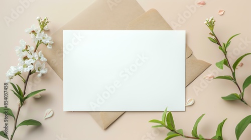 A beautiful mockup of a blank greeting card with a kraft envelope.
