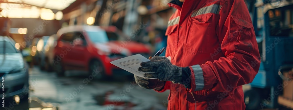 A man in a red coverall writes by a line of parked cars A man in a red coverall writes by a line of parked cars