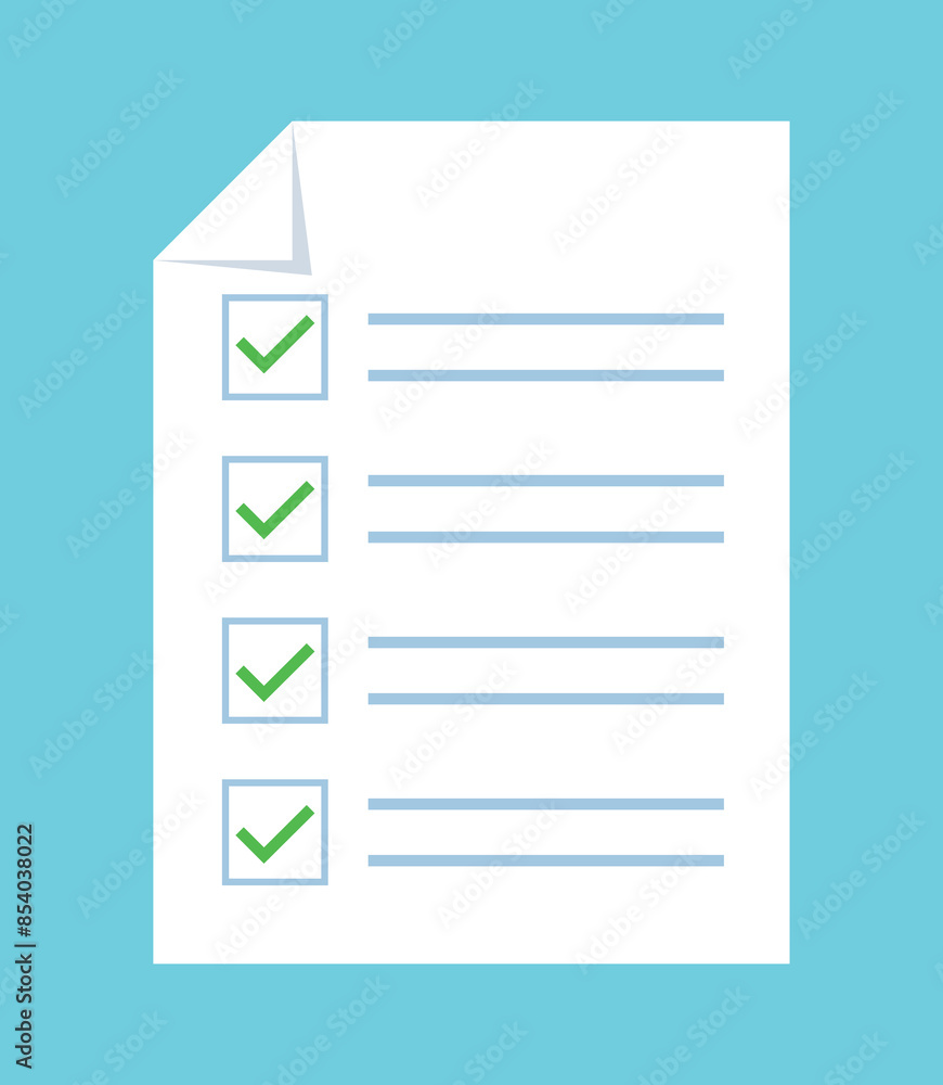 Graphic of a correctly completed survey or test. All answers are correct. Graphics in flat style. Graphic of a correctly completed survey or test. All answers are correct. Graphics in flat style.