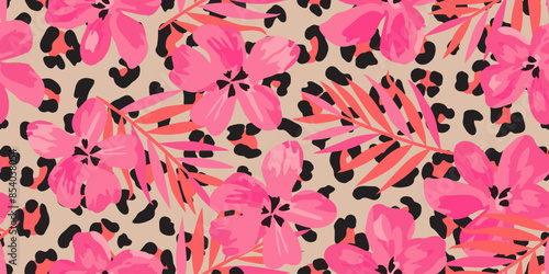 Exotic hand drawn flowers print, seamless patterns with floral and leopard for fabric, textiles, clothing, poster, cover, banner, wall art, home decor, abstract backgrounds.