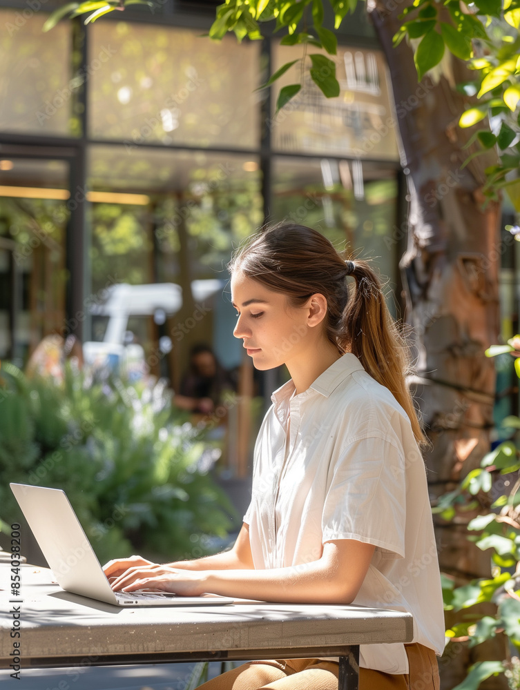 Young professional woman is smiling while working on her laptop outdoors in an office campus Young professional woman is smiling while working on her laptop outdoors in an office campus