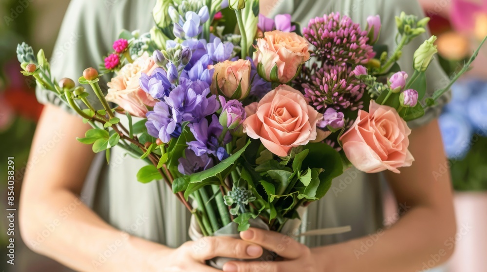 A woman is holding a beautiful bouquet of flowers in front of her. The bouquet contains various types of flowers, including roses, purple blossoms, and small pink flowers. A woman is holding a beautiful bouquet of flowers in front of her. The bouquet contains various types of flowers, including roses, purple blossoms, and small pink flowers.
