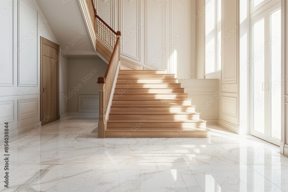 Wooden staircase and marble floor in minimalist interior design of modern entrance hall with door. Wooden staircase and marble floor in minimalist interior design of modern entrance hall with door.