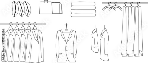 Vector silhouette illustration sketch of detailed design of clothes hanger display case for storage