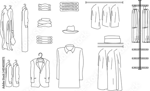 Vector silhouette illustration sketch of detailed design of clothes hanger display case for storage 