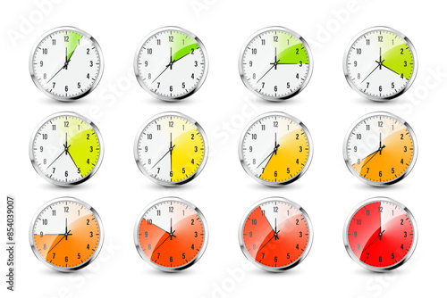 Wall clock, stopwatch icons. Shiny metal chronometer, time counter with dial. Colorful countdown timer showing minutes and seconds. Time measurement for sport, start and finish. Vector illustration