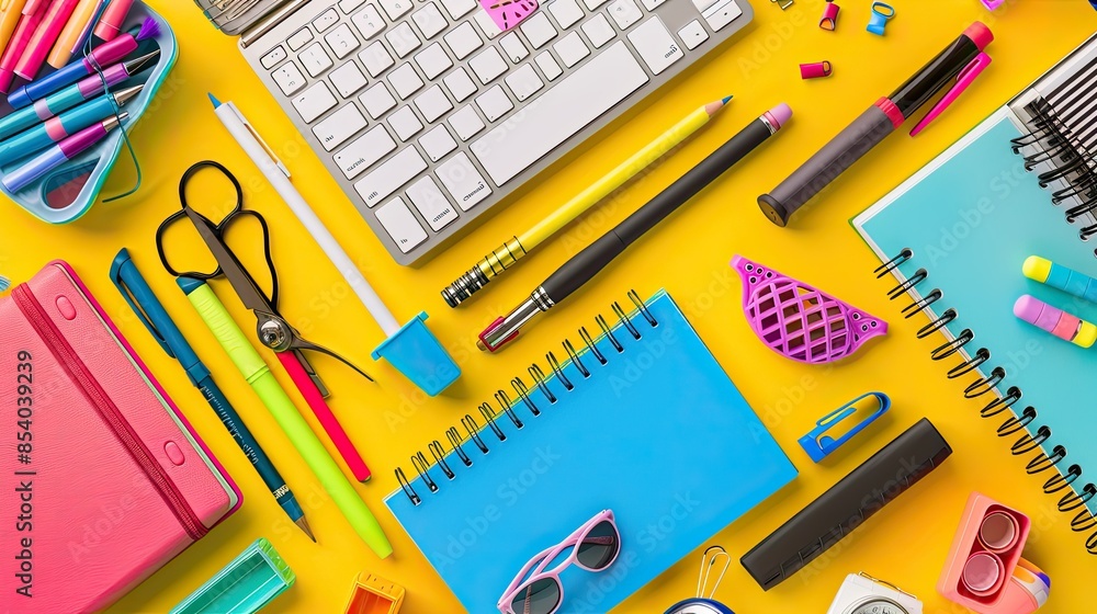 Colorful school supplies on a modern desk Colorful school supplies on a modern desk