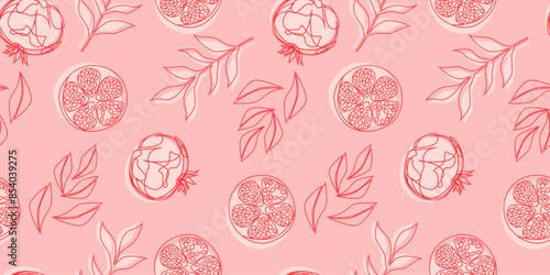 Seamless pattern with pomegranate fruits and seeds illustration. Design for cosmetics, spa, pomegranate juice, health care products, perfume, paper, cover, fabric, interior decor. Trendy background.