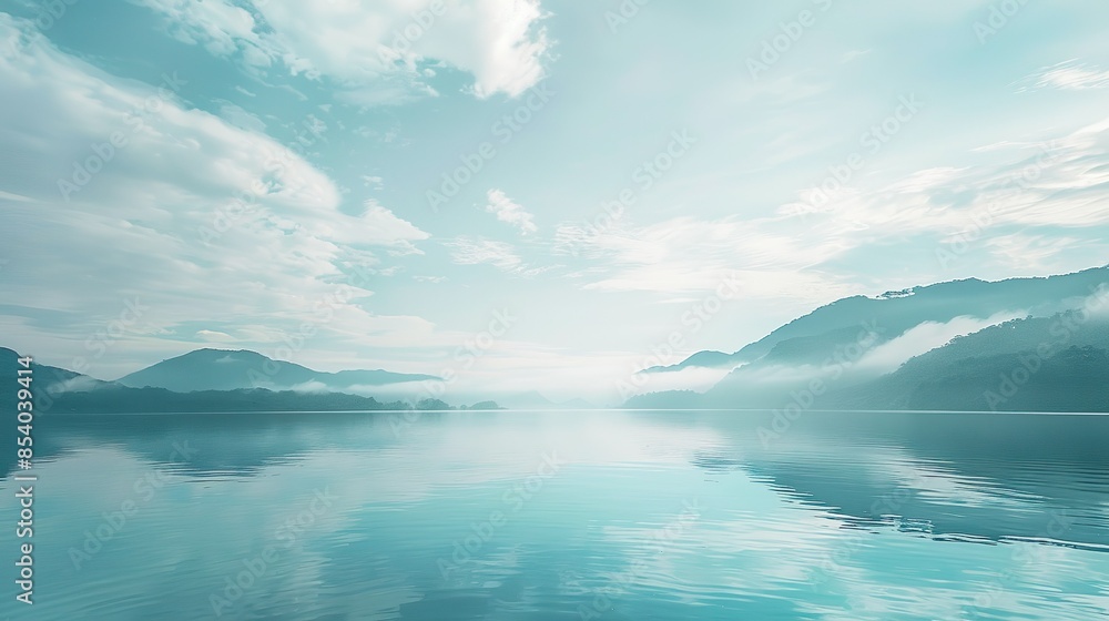 A serene landscape with soft, aquamarine-tinted skies and water.
