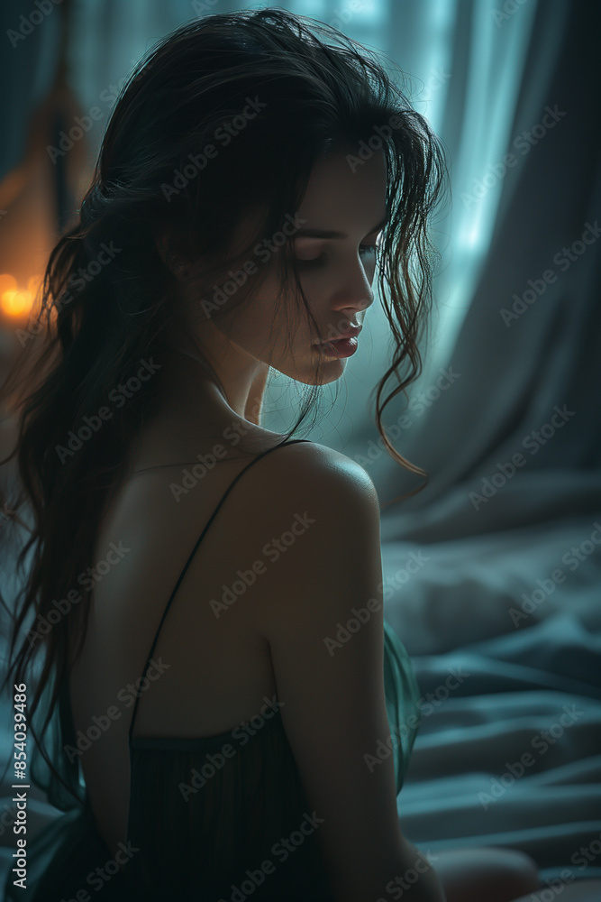 A young woman with long dark hair sits on a bed, her face turned away from the camera in a contemplative mood. The soft light creates a dreamy atmosphere. A young woman with long dark hair sits on a bed, her face turned away from the camera in a contemplative mood. The soft light creates a dreamy atmosphere.