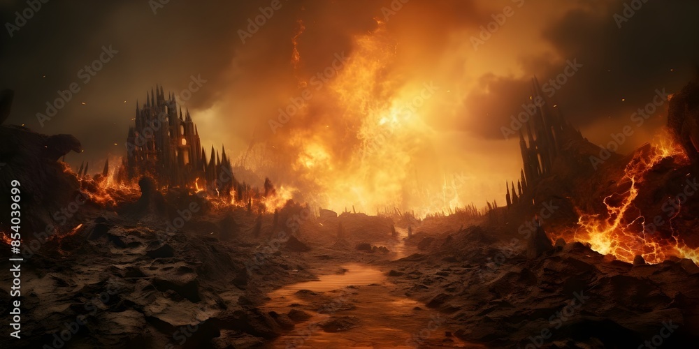 Apocalyptic scene with lava flows engulfing Earth in a fantasy inferno. Concept Apocalyptic Setting, Lava Flows, Fantasy Inferno, Earth's Destruction, Dramatic Visuals Apocalyptic scene with lava flows engulfing Earth in a fantasy inferno. Concept Apocalyptic Setting, Lava Flows, Fantasy Inferno, Earth's Destruction, Dramatic Visuals
