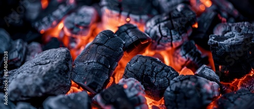 glowing embers and charcoal, intense heat and vibrant orange-red glow amidst the dark, ashen coals. themes of fire, energy, and heat