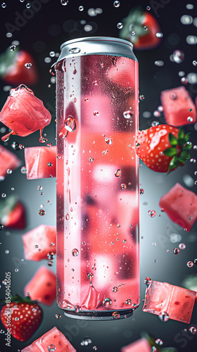 A tin jar of plain white color, strawberry slices scattered in the air in the background with drops of water. Summer drink packaging mockup.	
