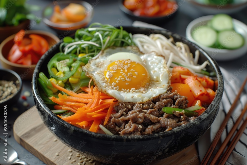 Traditional Korean dish bibimbap with fried agg, beef and vegetables Traditional Korean dish bibimbap with fried agg, beef and vegetables