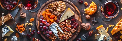 Wine Plates, Cheeseboard, Cheese Mix, Dried Fruits and Nuts. Various Cheese Pieces, Diced Cheddar photo