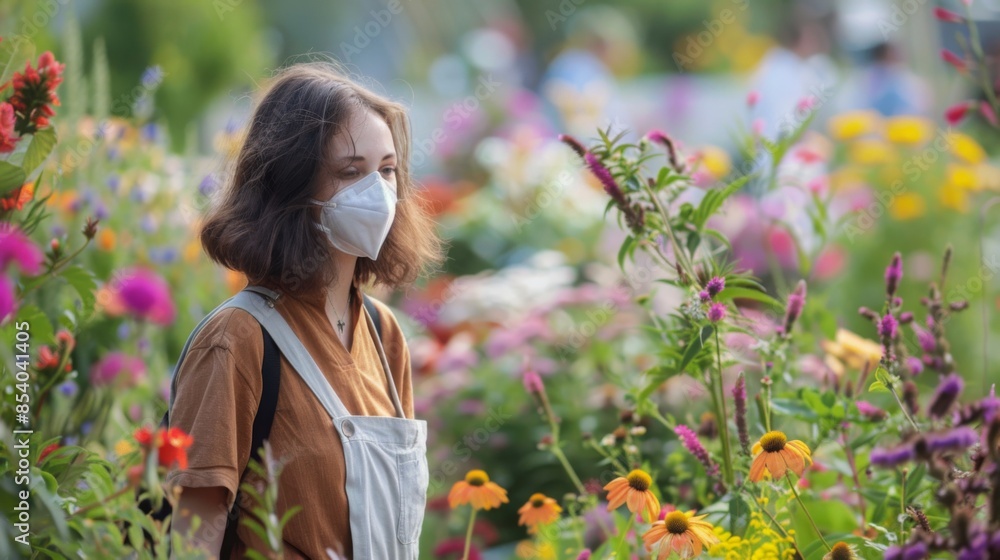 A woman with brown hair wearing a white face mask walks through a garden full of colorful flowers. A woman with brown hair wearing a white face mask walks through a garden full of colorful flowers.