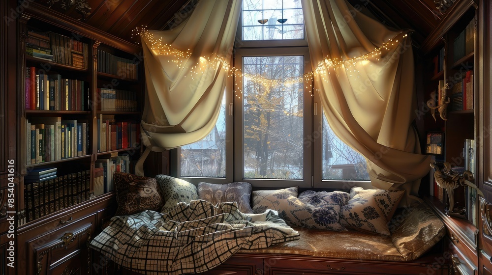 Cozy study nook with soft lighting and books Cozy study nook with soft lighting and books