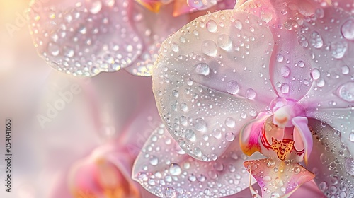 A close-up image of orchid petals with dew drops, creating a soft and dreamy effect.