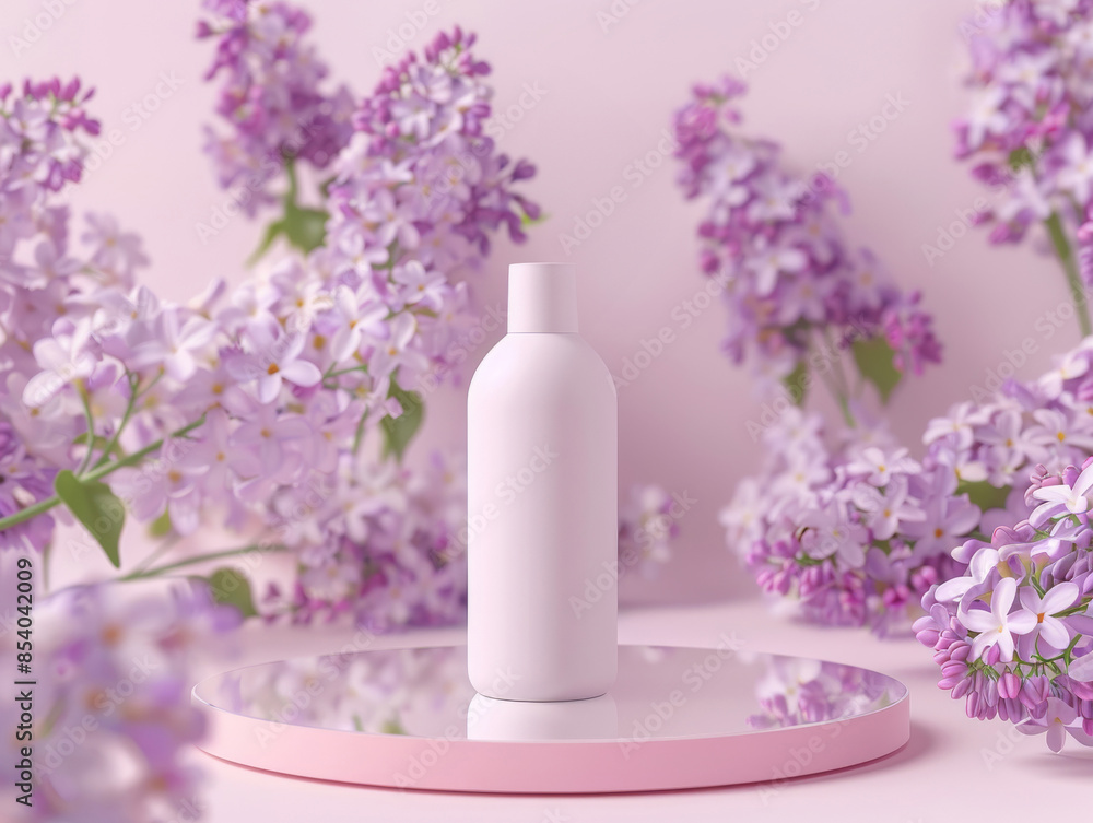 Ai Generated Art Mockup White No Label Product Rounded Bottle on a Pink Plate Stand Against Pastel Violet Background with Light Lilacs in the Background Ai Generated Art Mockup White No Label Product Rounded Bottle on a Pink Plate Stand Against Pastel Violet Background with Light Lilacs in the Background