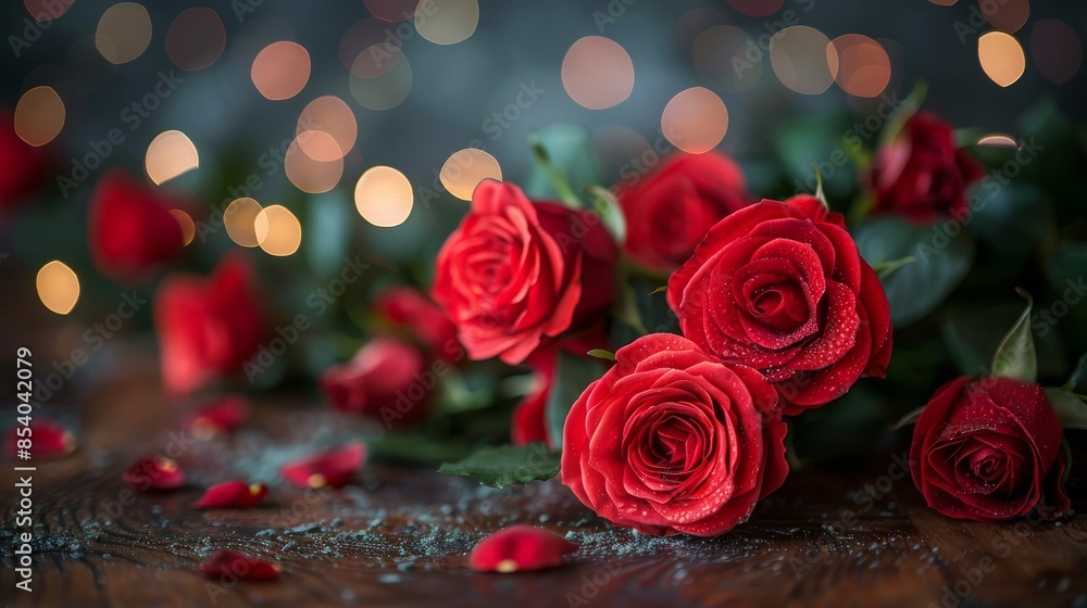 Red roses with water droplets lie scattered on a rustic wood table, surrounded by a dreamy and soft bokeh effect Red roses with water droplets lie scattered on a rustic wood table, surrounded by a dreamy and soft bokeh effect