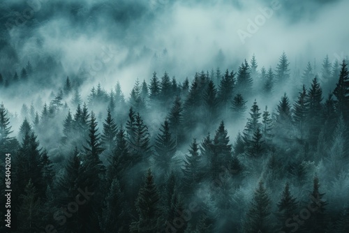 Misty foggy forest, fir mountains, natural mist landscape, dark woods view, mystery clouds on pine trees