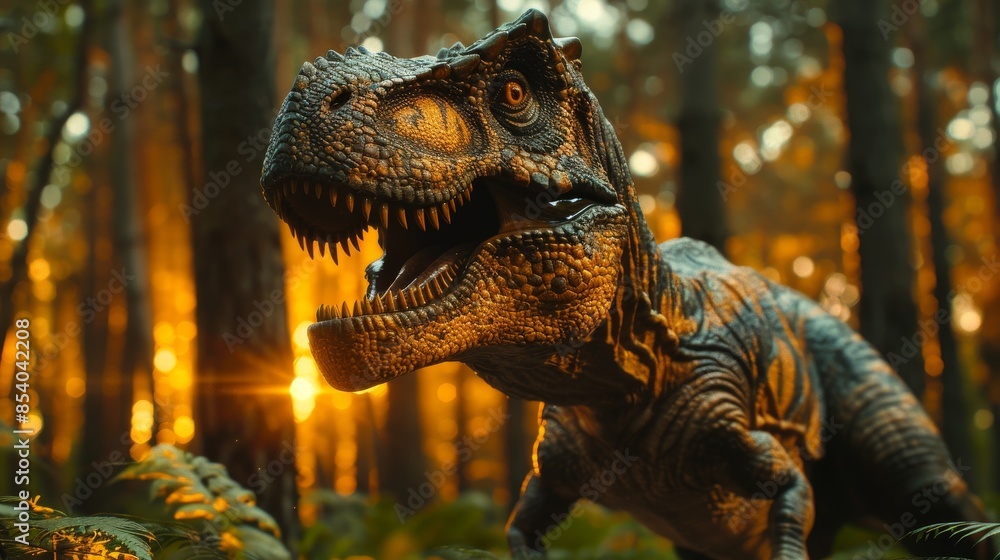 Fototapeta premium A menacing Tyrannosaurus Rex roars in a dense, sunlit forest, evoking prehistoric times and natural history