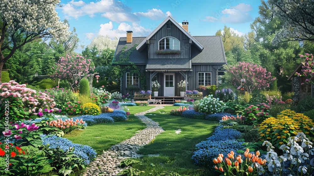 Fototapeta premium A charming painting of a quaint cottage nestled amidst an array of vibrant flowers in full bloom. Generative AI